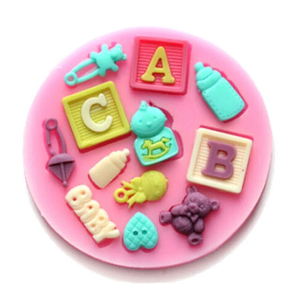 Baby Shower Silicone Mold – Blocks, Bottles, Rattles & Teddy Bear