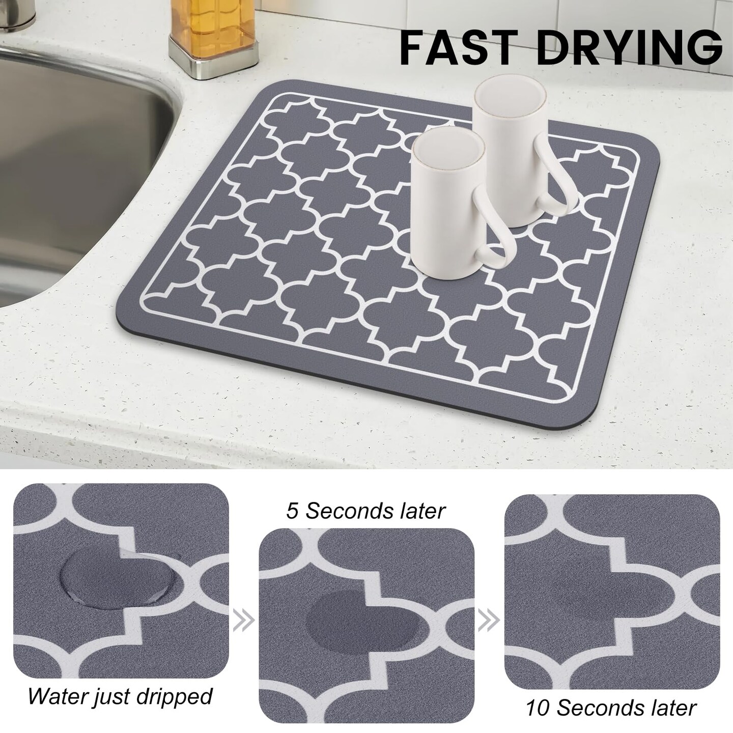 Dish Drying Mat Super Absorbent Drying Mat Large Dish Drying Mats for Kitchen Counter Easy Clean Dish Mat Kitchen Drying Mat15"x 18" Stylish Grey