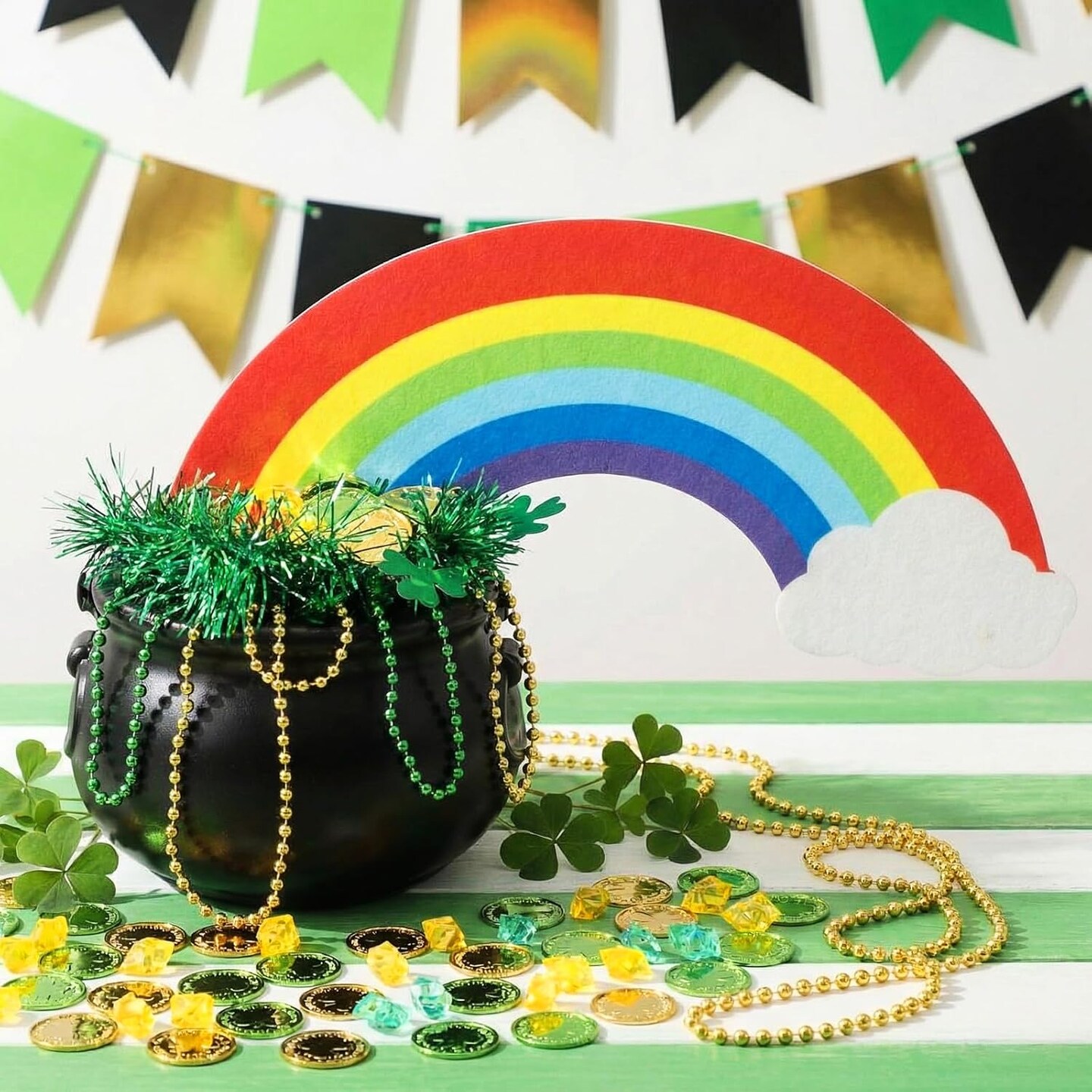 207-Pcs St. Patrick’s Day Decorations Set – Plastic Cauldron, Rainbow Topper, Shamrocks, Coins & Acrylic Gems – St. Patricks Party Supplies