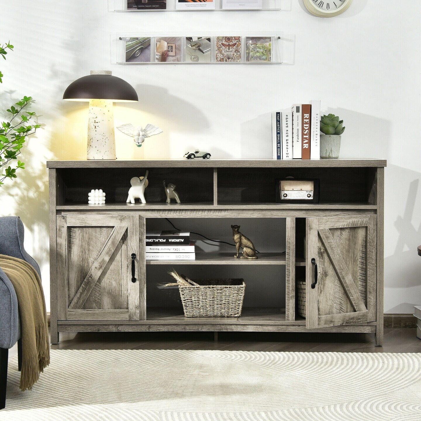 Natural Engineered Wood TV Stand with Shelves, Cabinets and Cable Management