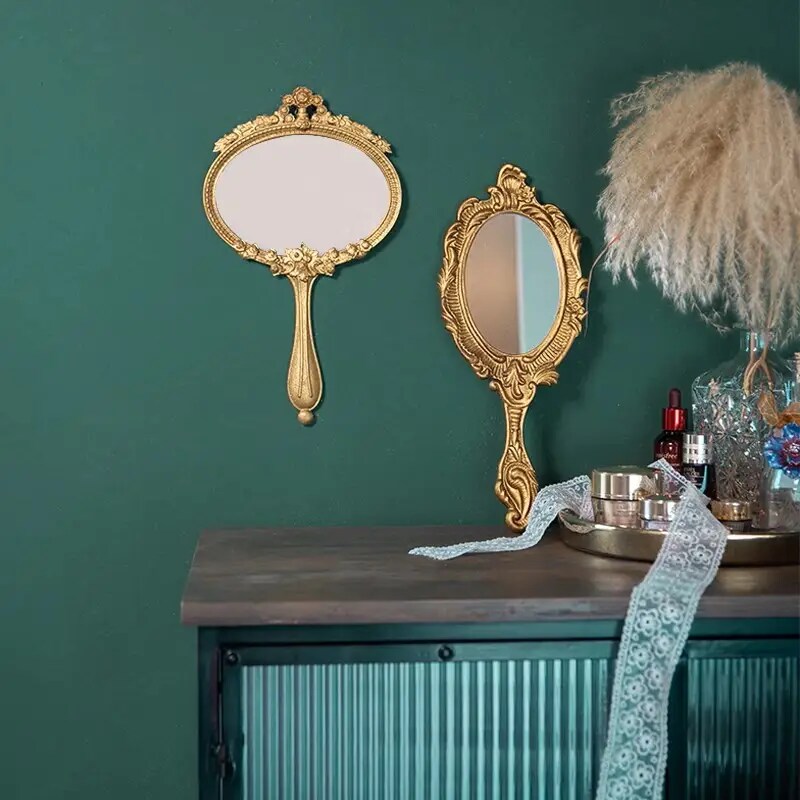 French Vintage Handheld Mirror Carved Design High-Definition Mirror 12.8x7.5