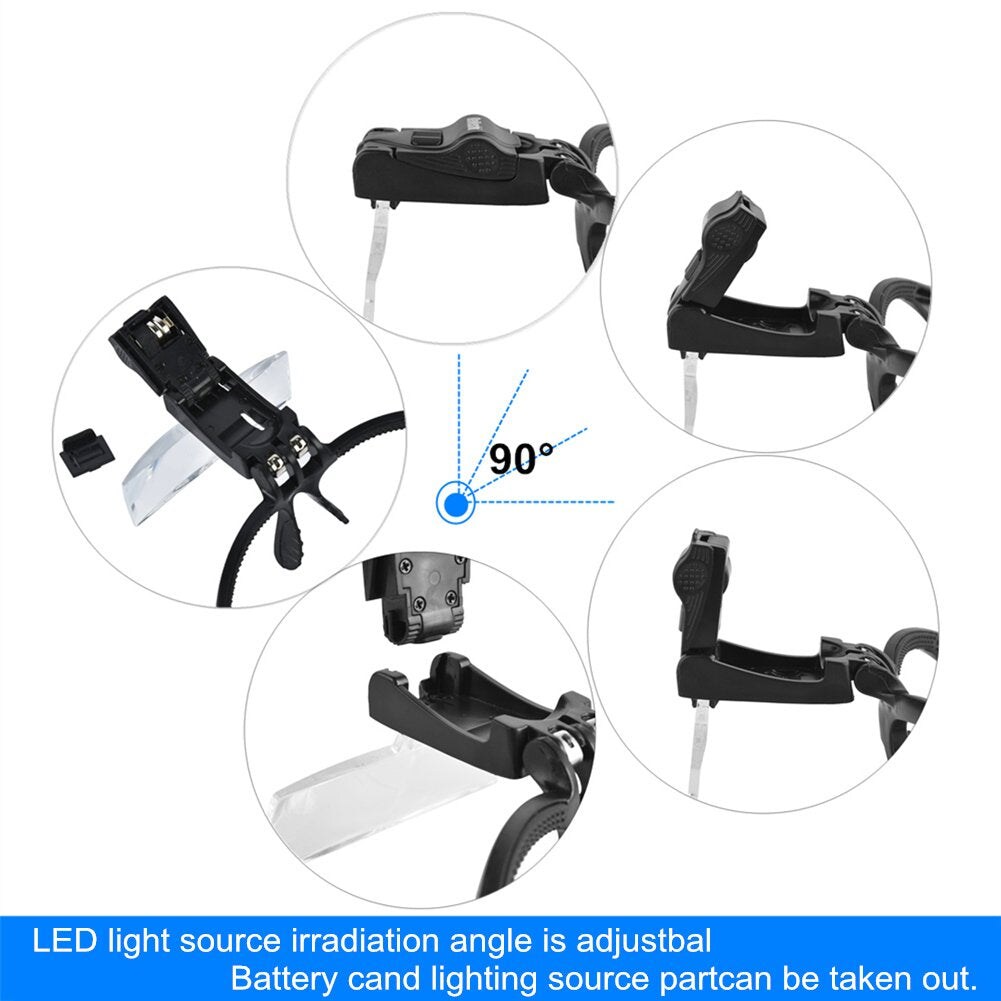 Beileshi Headhand Magnifier Glasses With 2 LED Professional Jeweler&#x27;s Loupe Light Bracket and Headband are Interchangeable 5Lens Glass Magnifying Visor