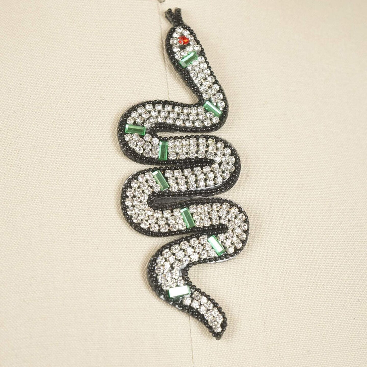 1 Piece 5" Black Rhinestone Snake Patch with Green Beads Red Eye Iron On Applique