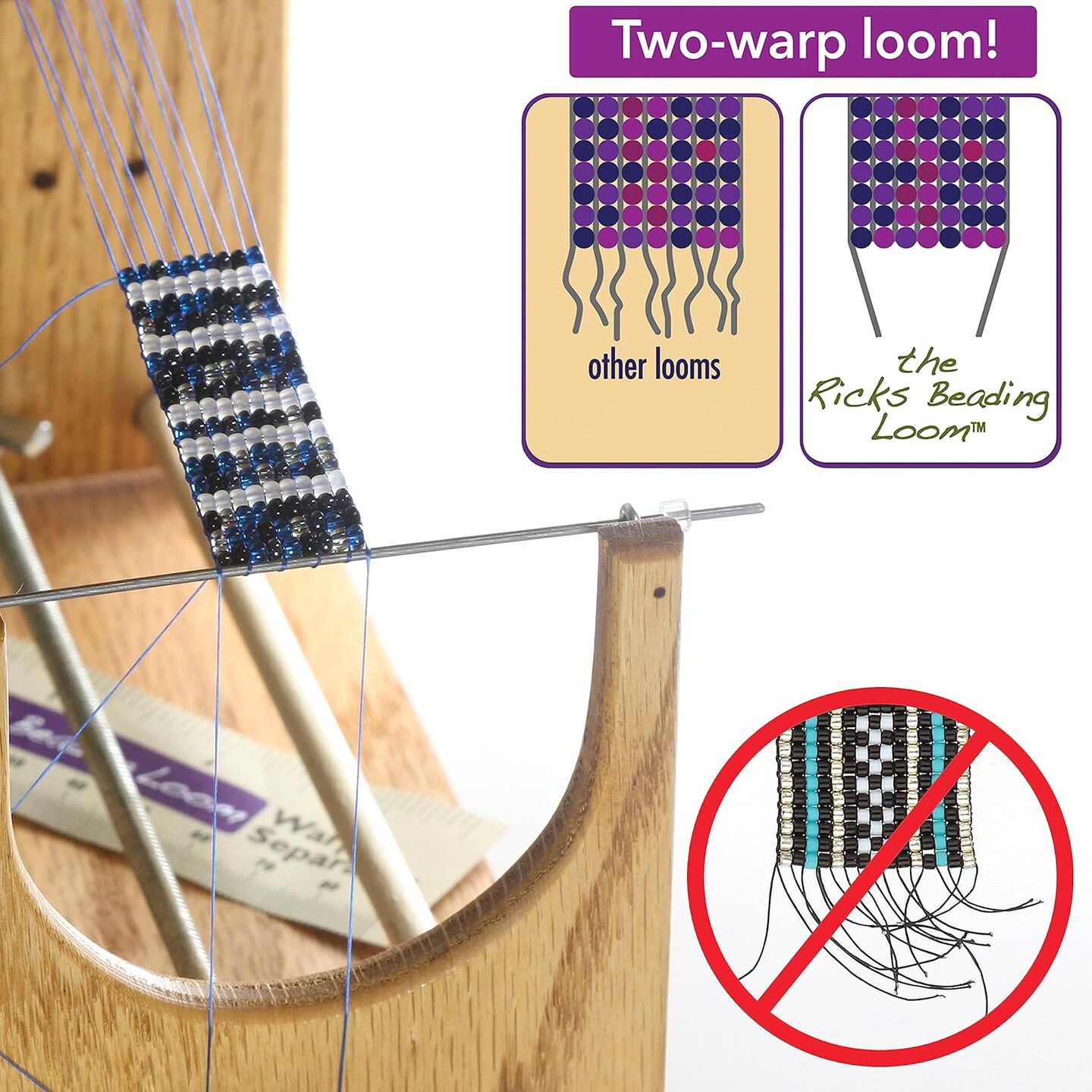 The Beadsmith Rick&#x27;s Beading Loom, Two-Warp Loom, 13.5 x 3.75 x 4.5 inches, Wooden, Illustrated Instructions Included, Easy Assembly, Use to Create Necklace and Bracelet Designs