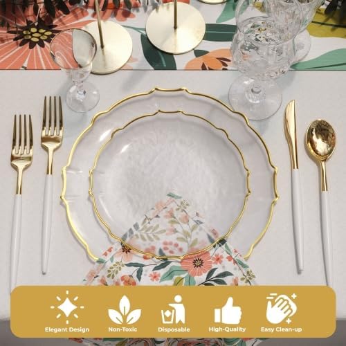 Trendables Plastic Plates for Party Fancy Plastic Dinner Plates For Guest 7.5 inch Dessert Plates &#x26; 10 Inch Thin Delicate Disposable Dinnerware Charger Plate Set