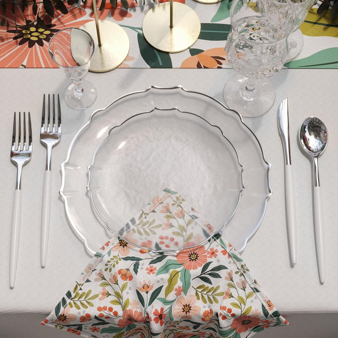 Trendables Plastic Plates for Party Fancy Plastic Dinner Plates For Guest 7.5 inch Dessert Plates &#x26; 10 Inch Thin Delicate Disposable Dinnerware Charger Plate Set