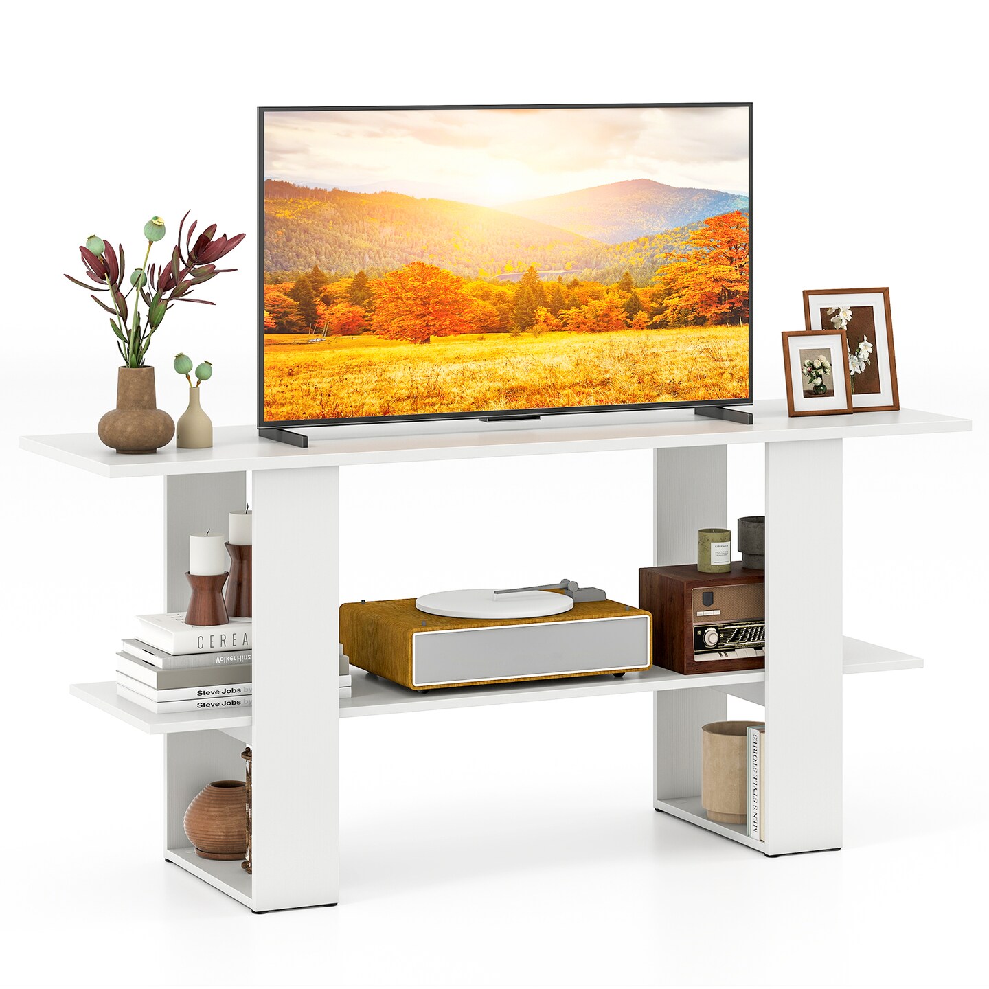 White TV Stand for 55 Inch TV with Open Shelf Engineered Wood