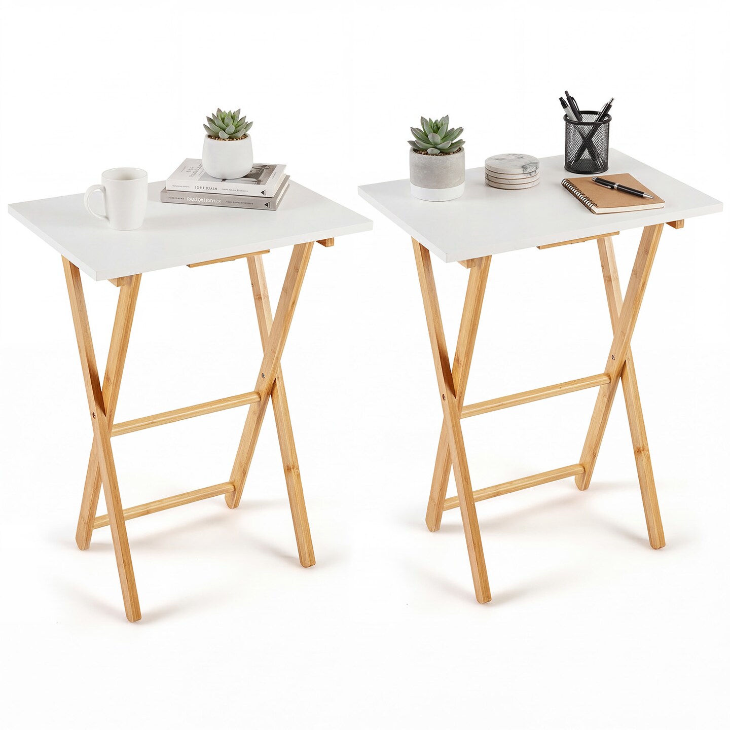 White Natural Wicker Folding Snack Table Set of 2 Portable Lightweight TV Tray