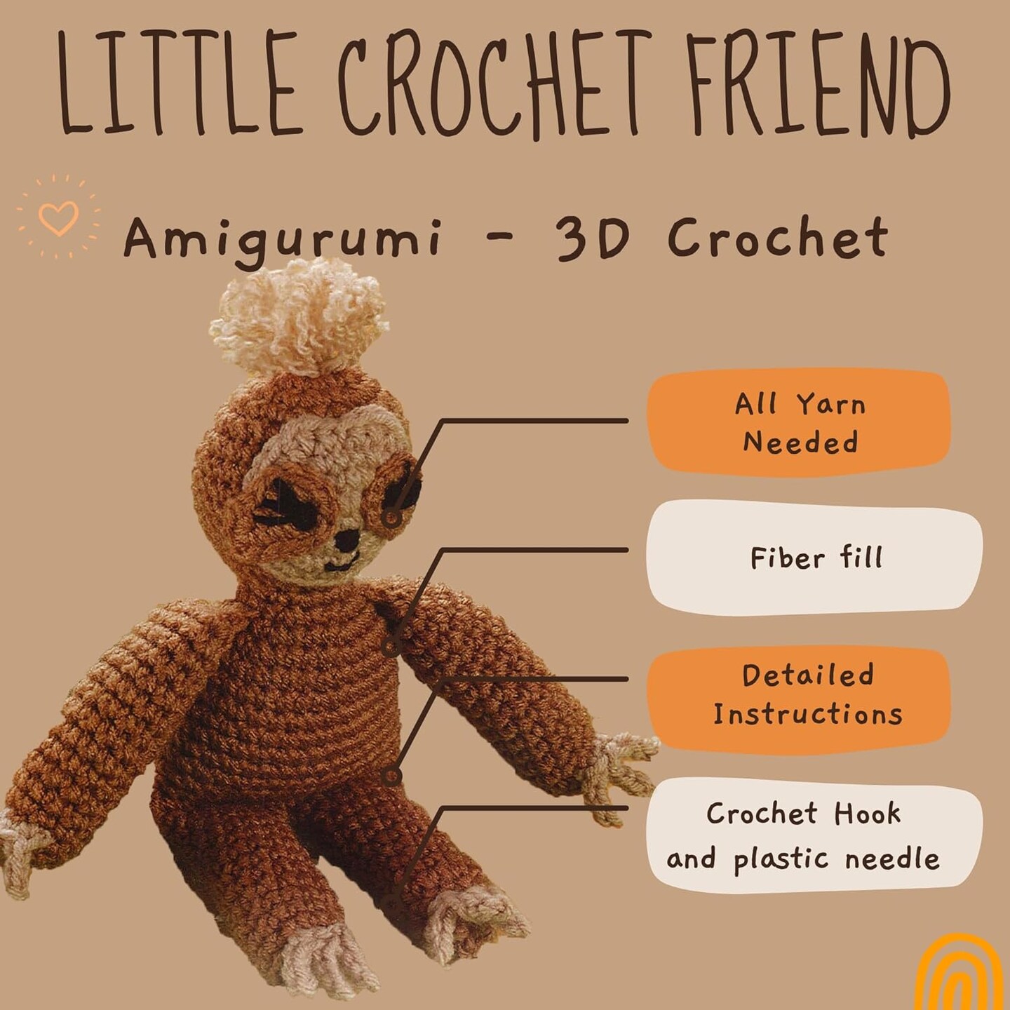 Little Crochet Friend Animals Crochet Kit, Sloth, 8", Complete Kit, Learn to Animal Starter Kit for All Ages, Includes Instructions, DIY Amigurumi Kits