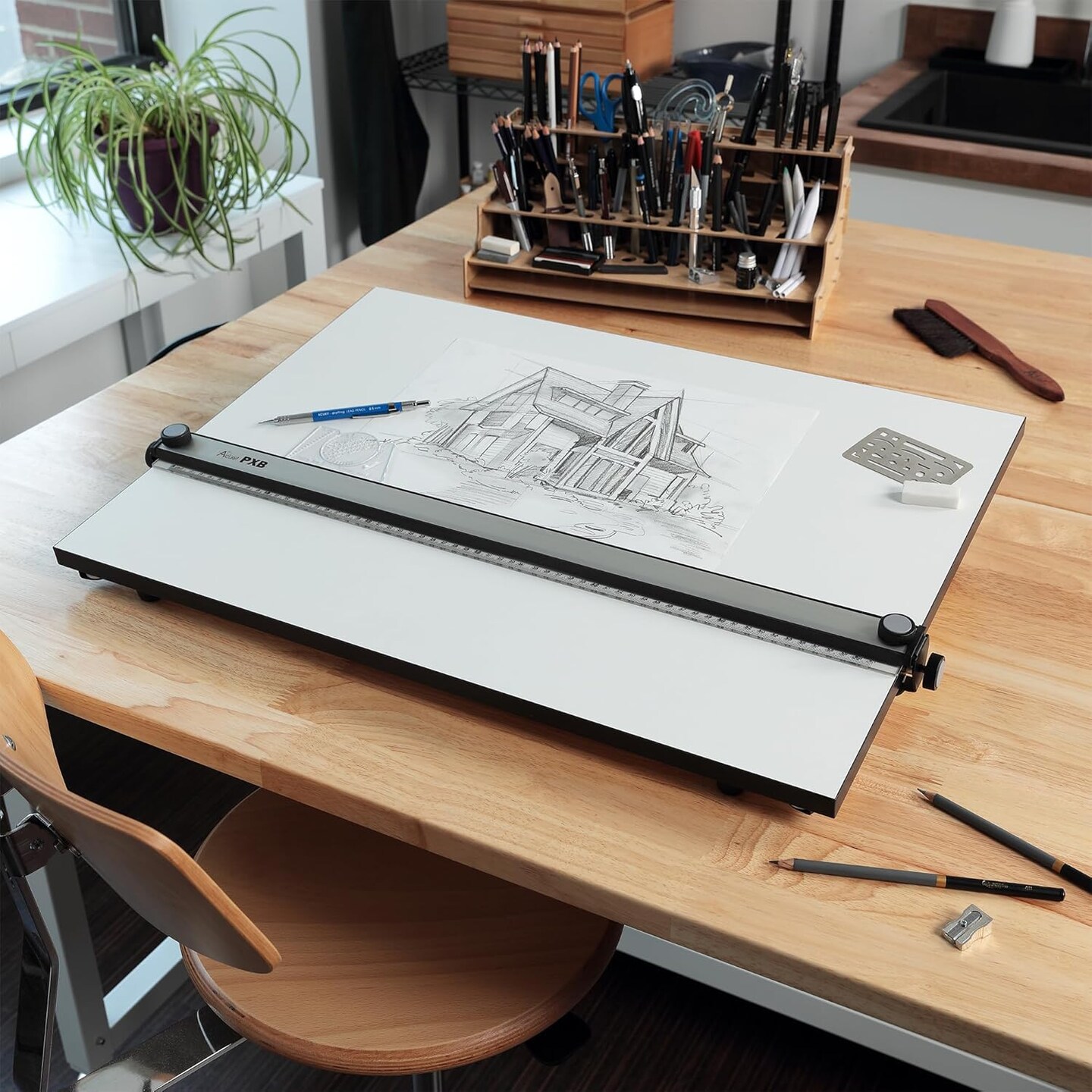Drawing Board for Artists and Designers - Portable Workspace for Drawing, Sketching, Drafting, Painting - Fixed Angled Laminated Surface with Ruler and Parallel Motion Bar