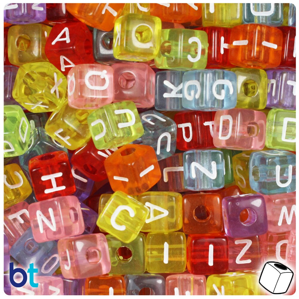 BeadTin Mixed Transparent 10mm Cube Plastic Alpha Beads - White Letter Mix (100pcs)
