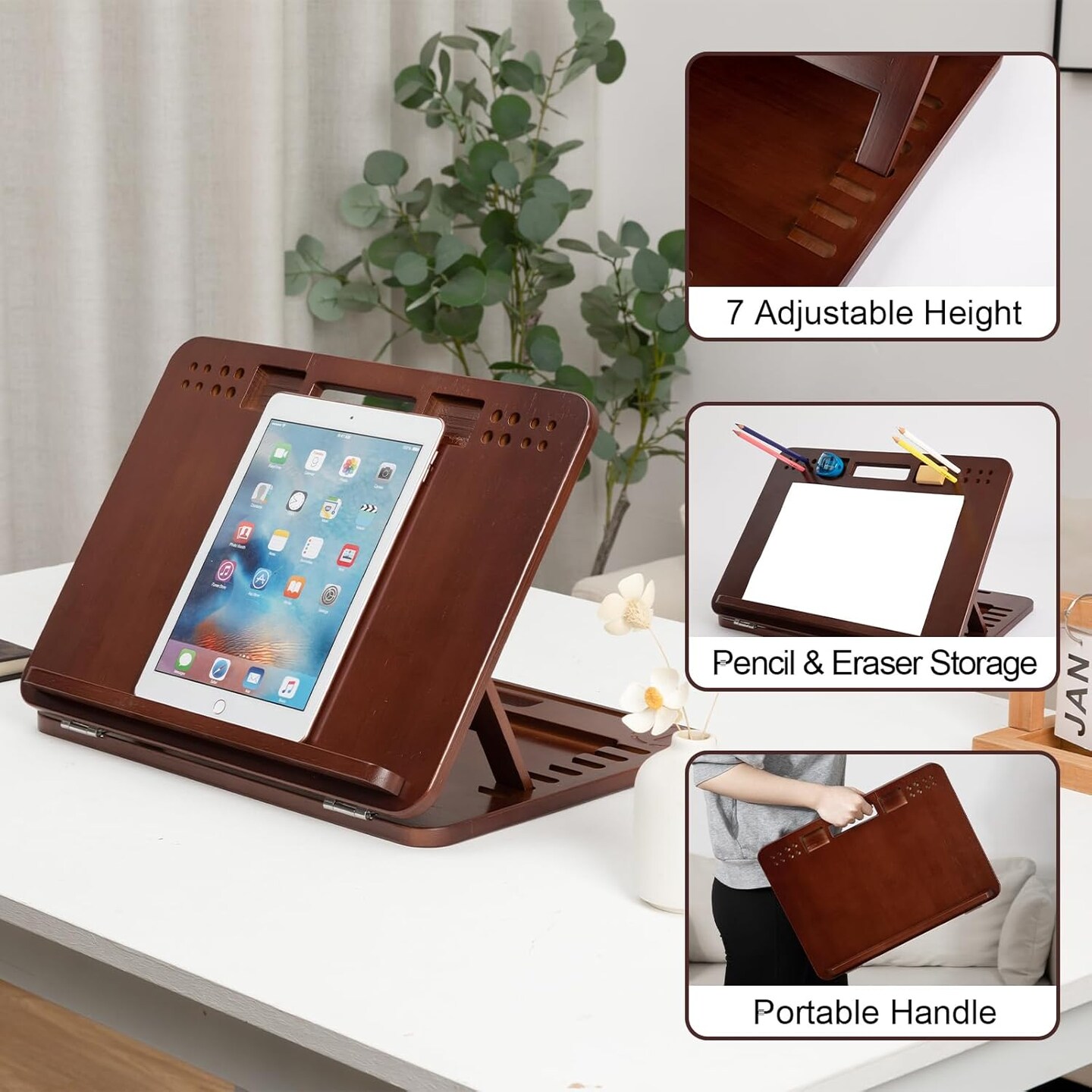 6-Position Bamboo Table Easel, 16x12 Inch Adjustable Drawing and Sketching Board with Built-in Handle and Back Storage, Portable Art and Lap Desk for Sketching, Reading, and Book Stand