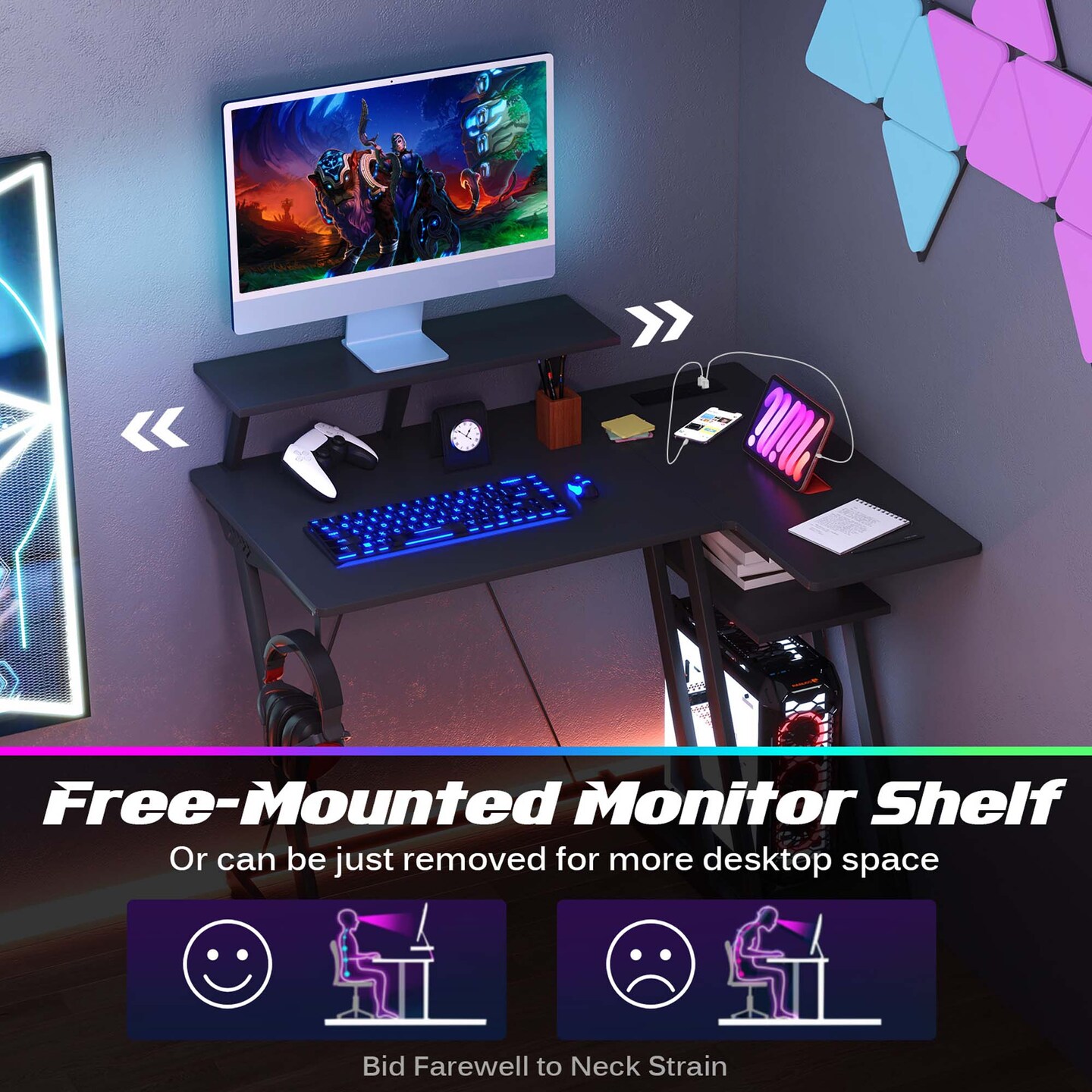 Costway L Shaped Gaming Desk with Outlets & USB Ports Monitor Shelf Headphone Hook Black/White/Pink