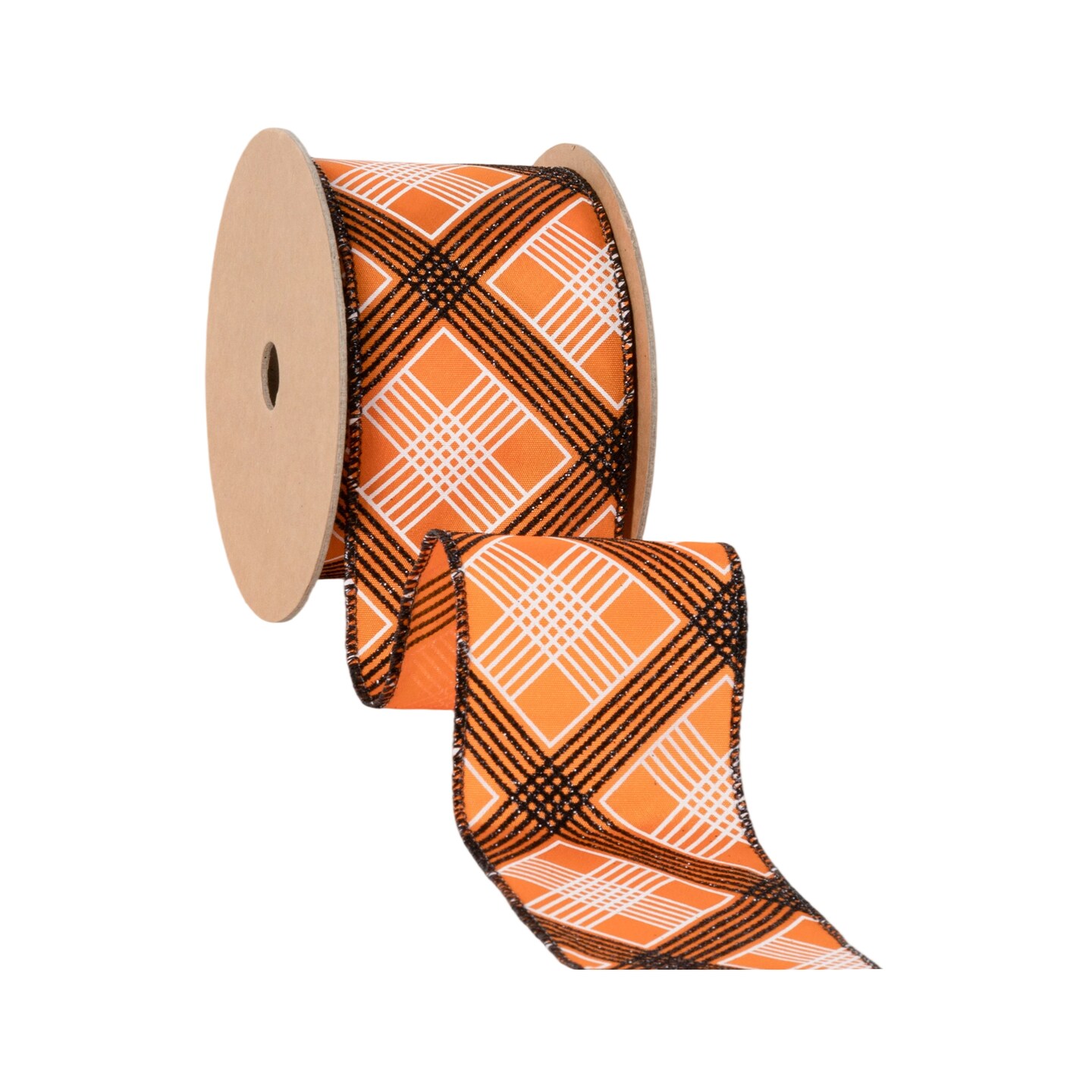 LaRibbons 2 1/2&#x22; Wired Ribbon | Black/White Bias Plaid on Orange | 10 Yard Roll