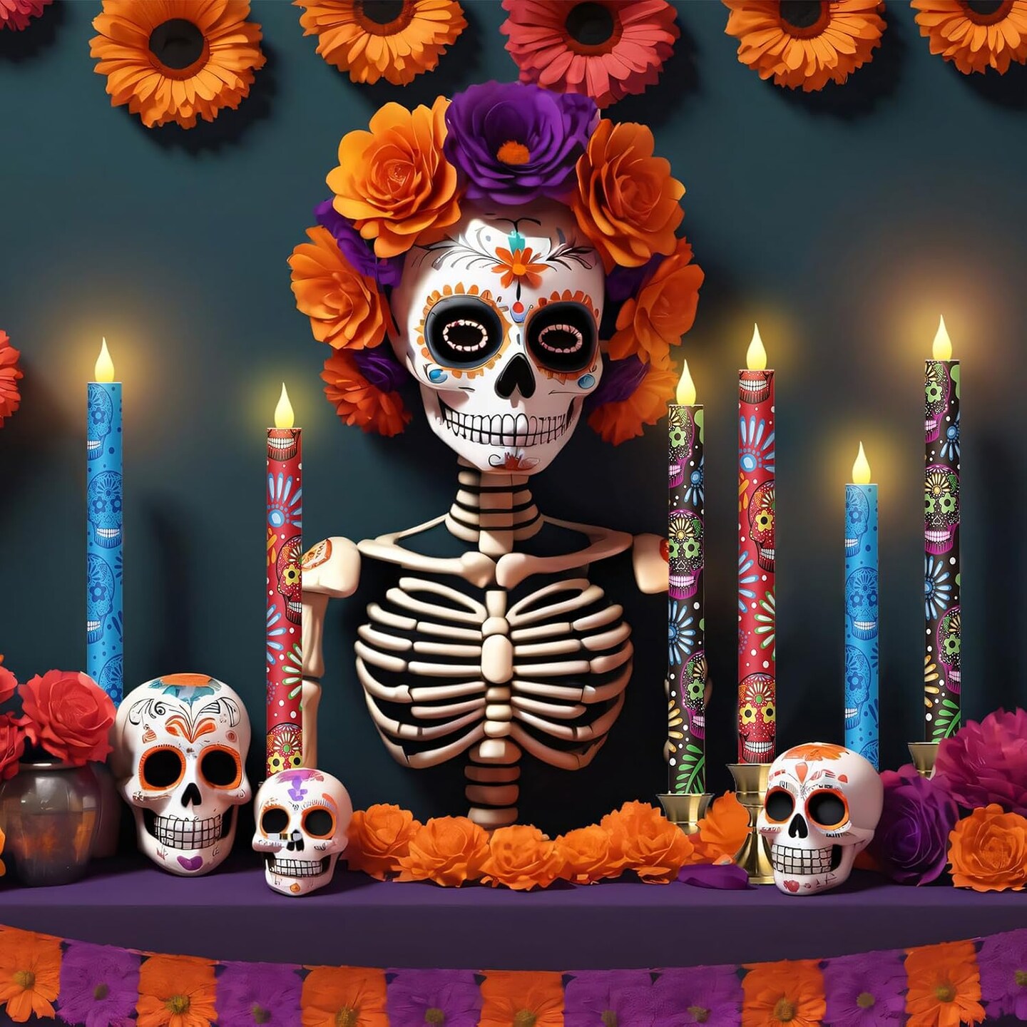 6 Pcs Day of The Dead Flameless Taper Candles - 10.6 Inch (Sugar Skull)