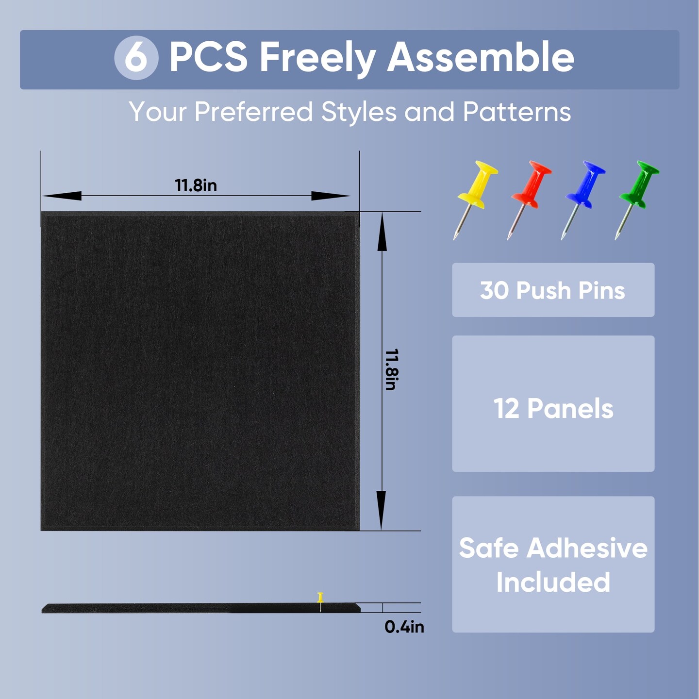 Black Cork Board, 6-Pack 11.8” × 11.8” Panels with Adhesive Tabs & Push Pins, Customizable Bulletin Board