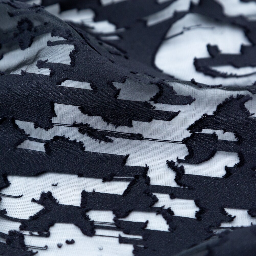 1 Yard Shimmering Black Abstract Organza Burnout Fabric with Frayed Texture