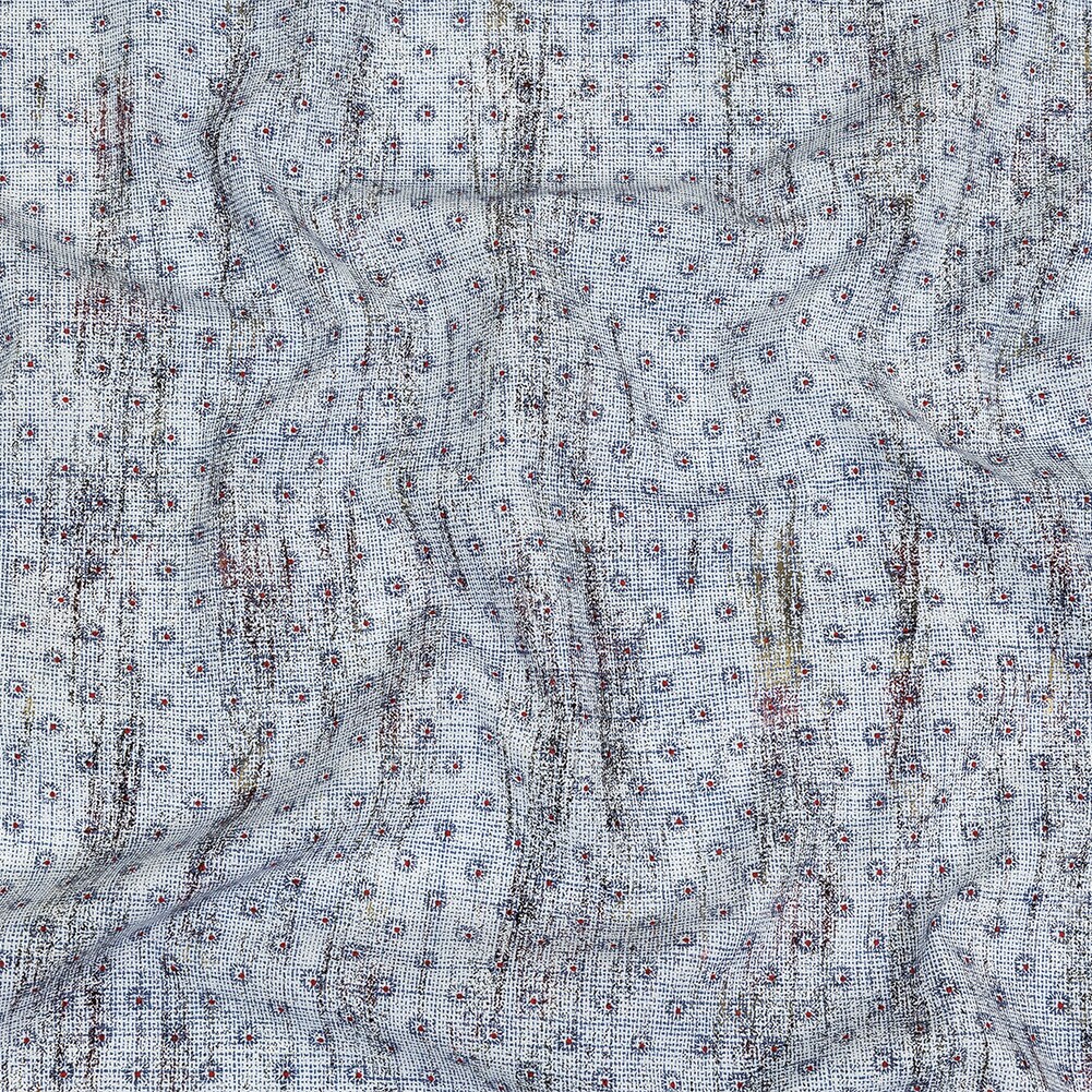 1 Yard Red and Blue Flowers and Dots Cotton and Polyester Shirting with Distressed Foil Topcoat Fabric