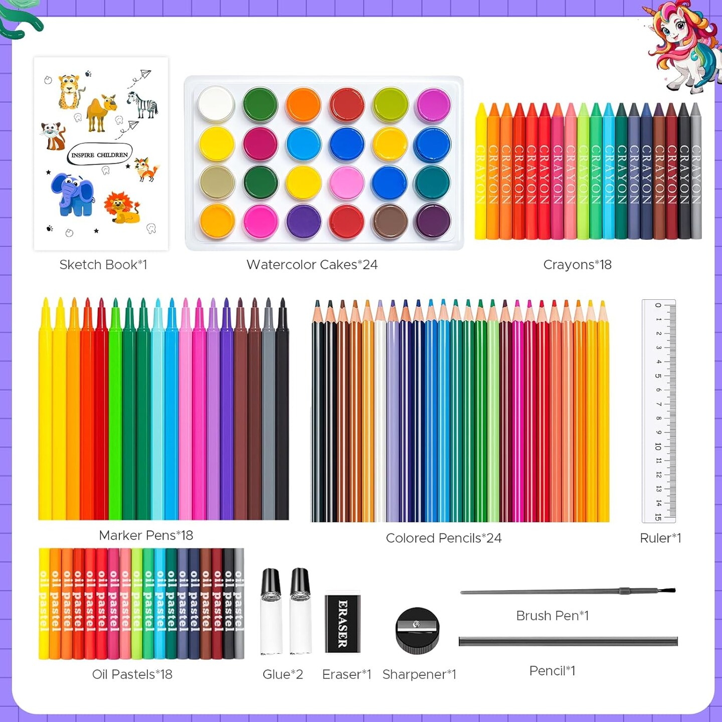 Art Supplies Kit for Kids Ages 4-12(Purple Unicorn)