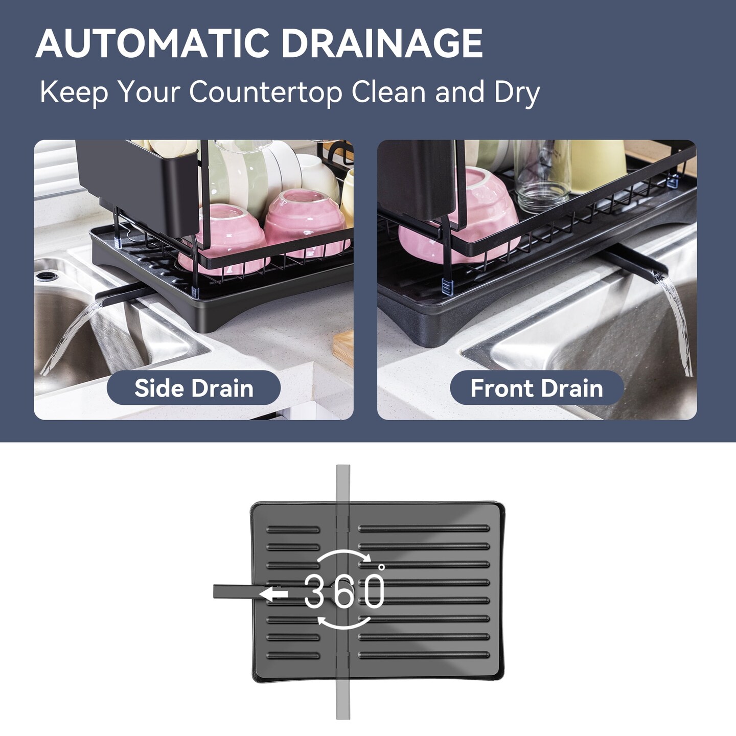 VUSIGN Metal 2-Tier Dish Drying Racks for Kitchen Counter and Sink, Dish Drying Rack with Utensil Holder, Cutting Board Holder, Black