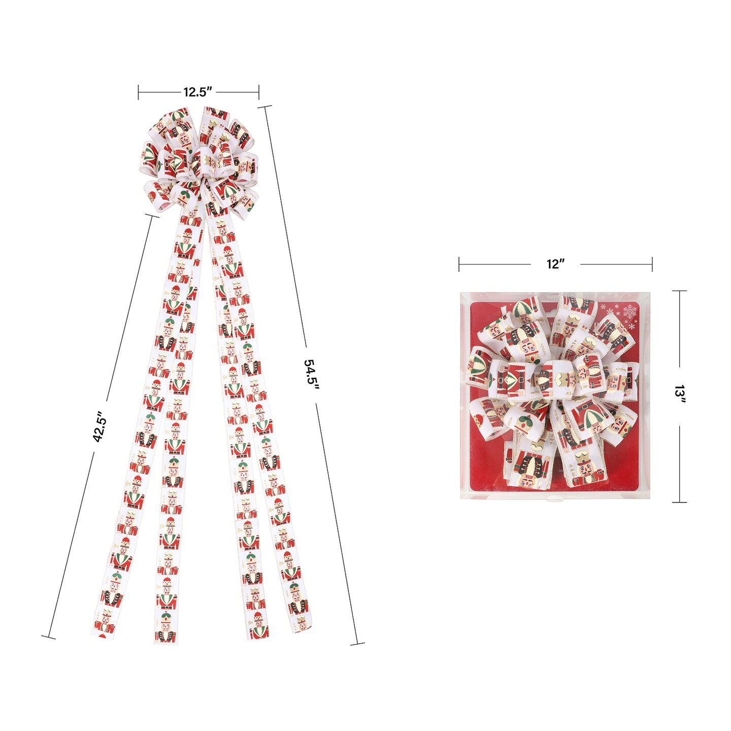 LaRibbons 13" Decorative Christmas Tree Topper Bow (2.5" Wired Ribbon) | "Nutcracker" White/Multi