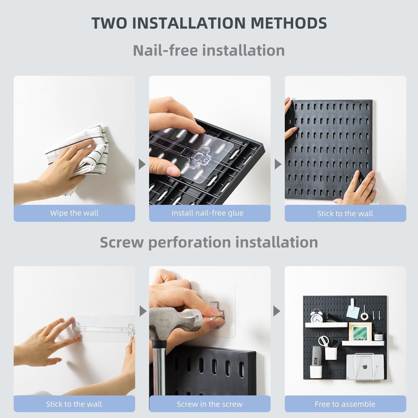 VUSIGN Pegboard Combination Wall Organizer Kit, 4 Pieces Pegboards and 17 Accessories Modular Hanging, Wall Mount Display Peg Board Panel Kits for Bedroom, Home, Office, Bathroom, 22&#x22; x 22&#x22;, Black