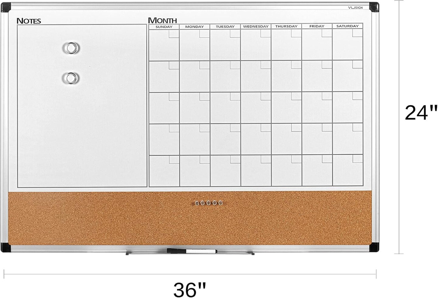 VUSIGN Monthly Calendar Whiteboard Dry Erase Cork Board Combo, 24&#x22; x 36&#x22; Planning Board, Silver Aluminium Frame