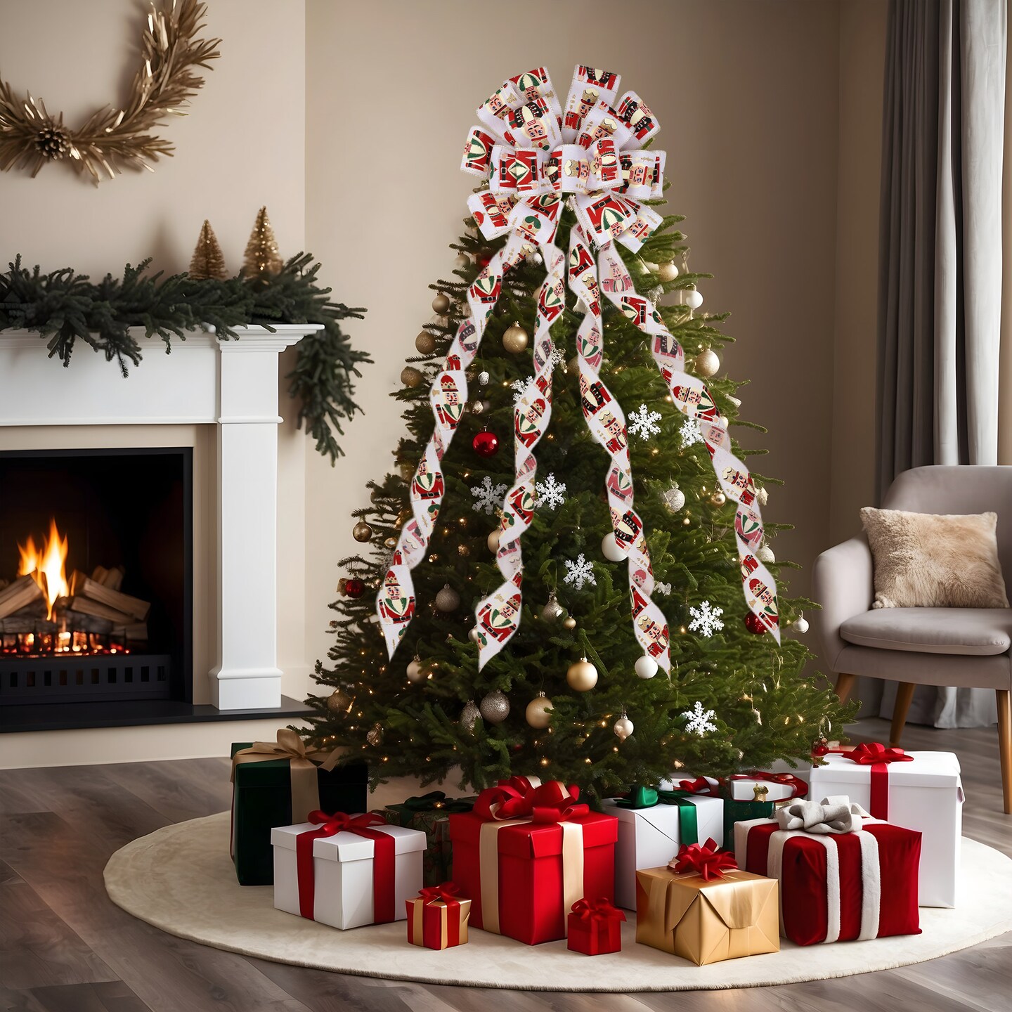 LaRibbons 13&#x22; Decorative Christmas Tree Topper Bow (2.5&#x22; Wired Ribbon) | &#x22;Nutcracker&#x22; White/Multi