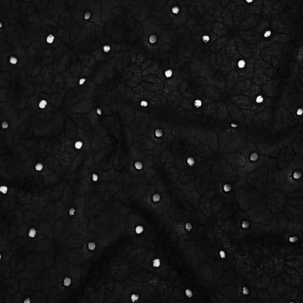 1 Yard Embroidered Eyelet Cotton Voile Black Field of Flowers Fabric 54 inch Width