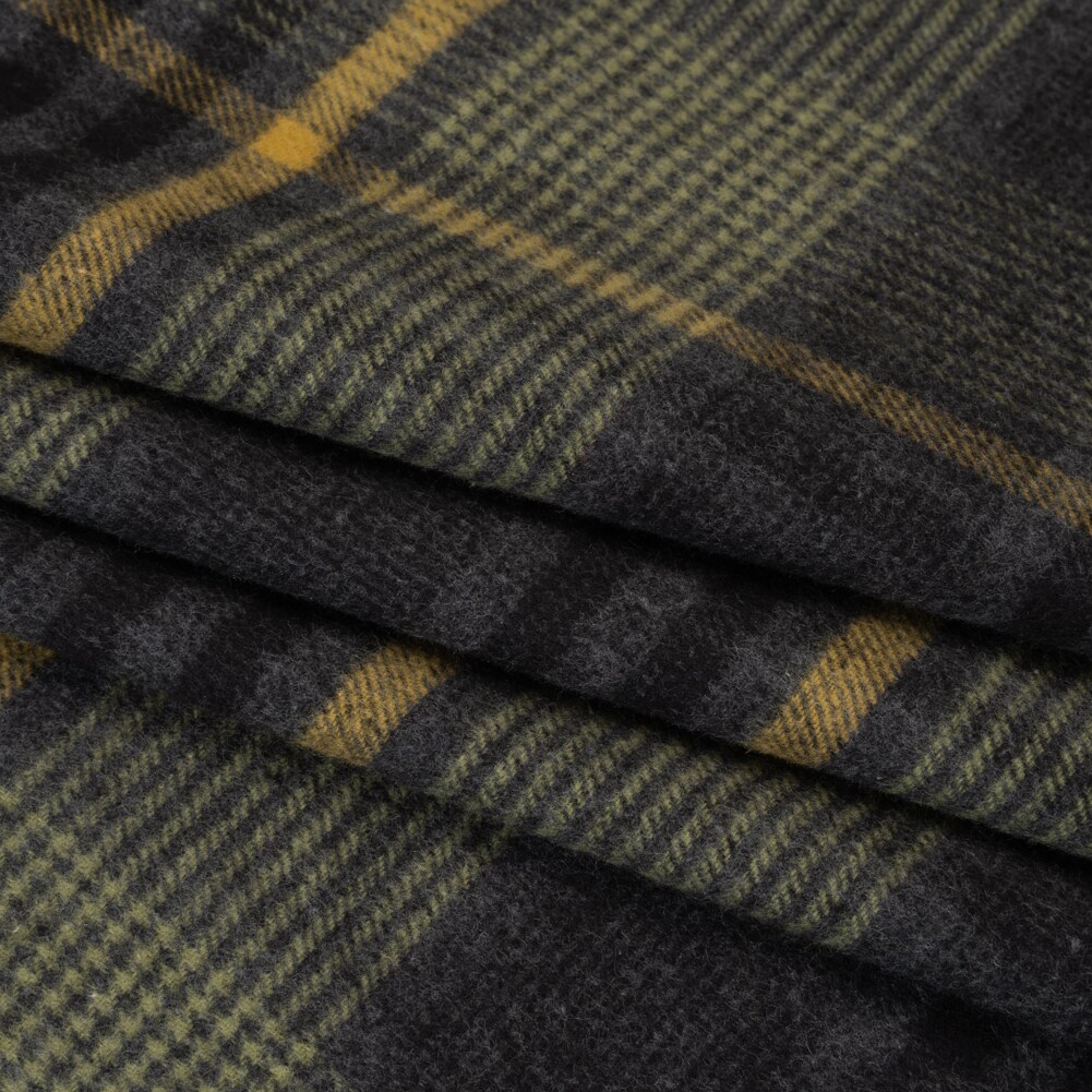 1 Yard Cotton Twill Flannel Charcoal Light Olive and Mustard Yellow Plaid Deadstock