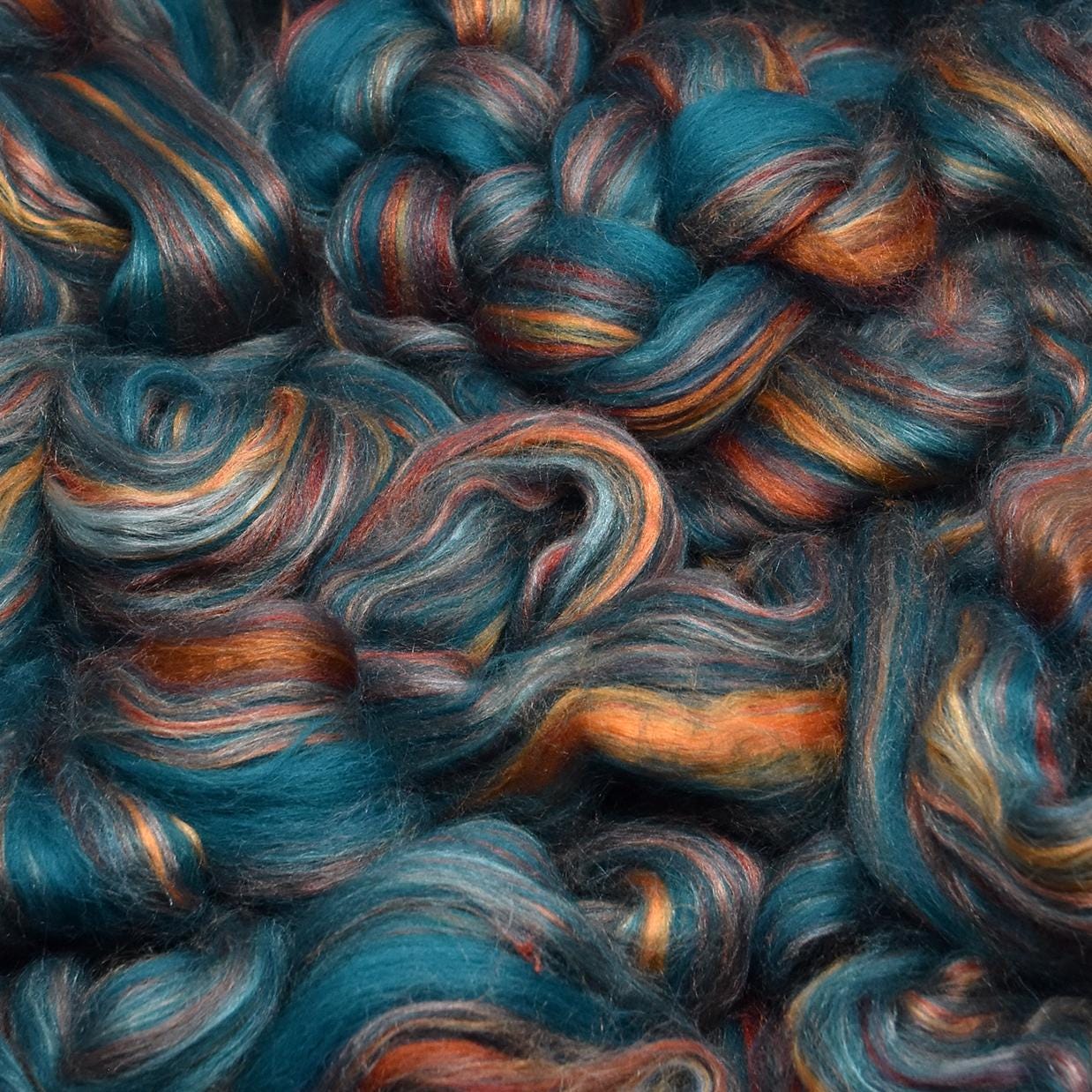Designer Blend Shetland Wool and Tussah Silk Top Roving. Fancy, Colorful, Exotic - Limited Edition. Cyprus Sunset
