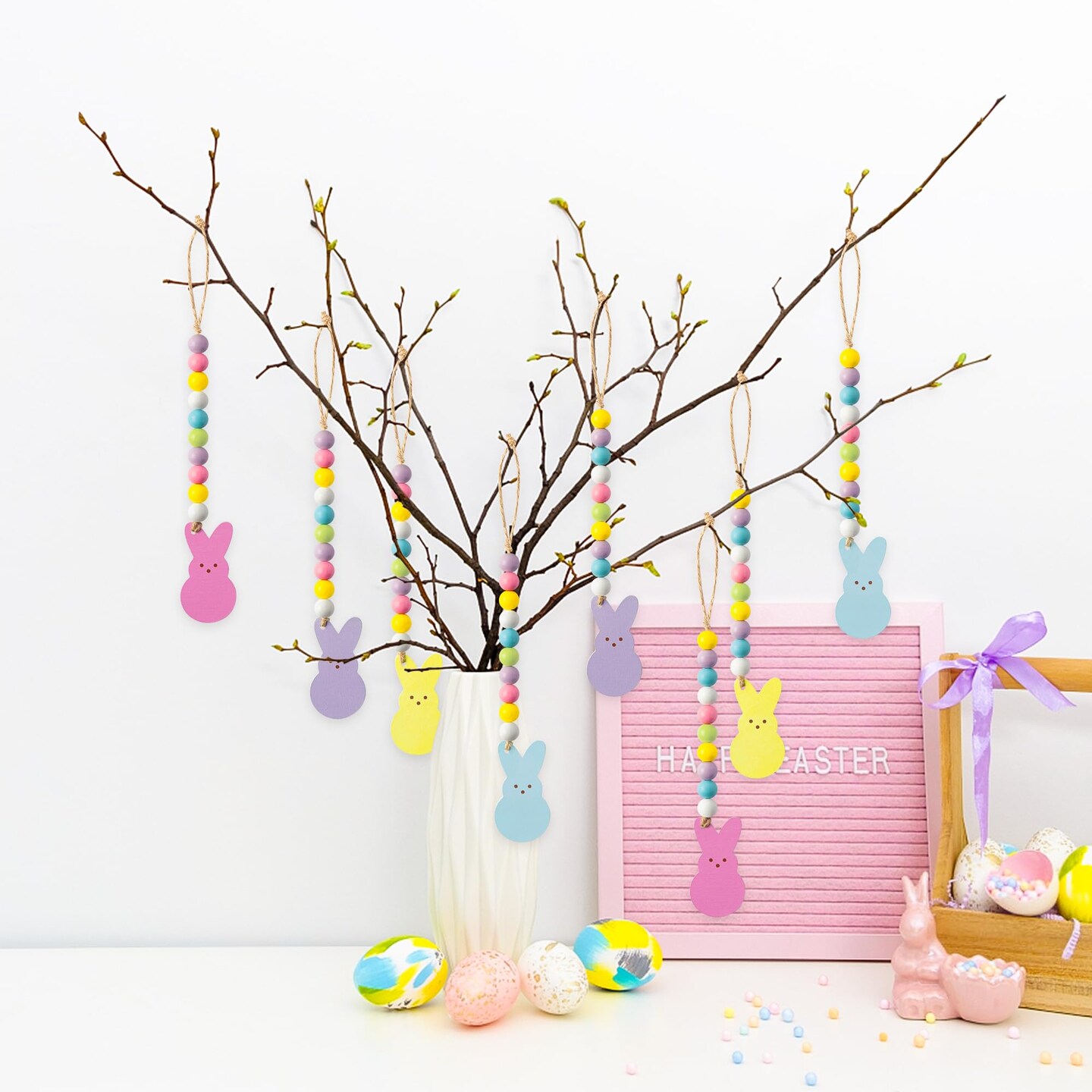 8pcs Easter Wood Bead Garland with Tassels, Peeps Bunny Wooden Hanging Ornament Decoration, Double-Sided Colorful Rabbit Pendant Hang Decor with Rope for Easter Spring Holiday Party Tree Wall