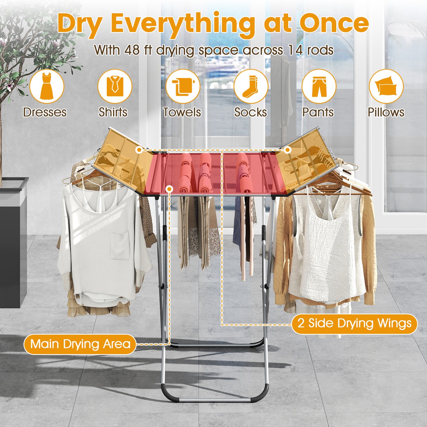 Foldable Clothes Drying Rack with Side Wings No Assembly Silver