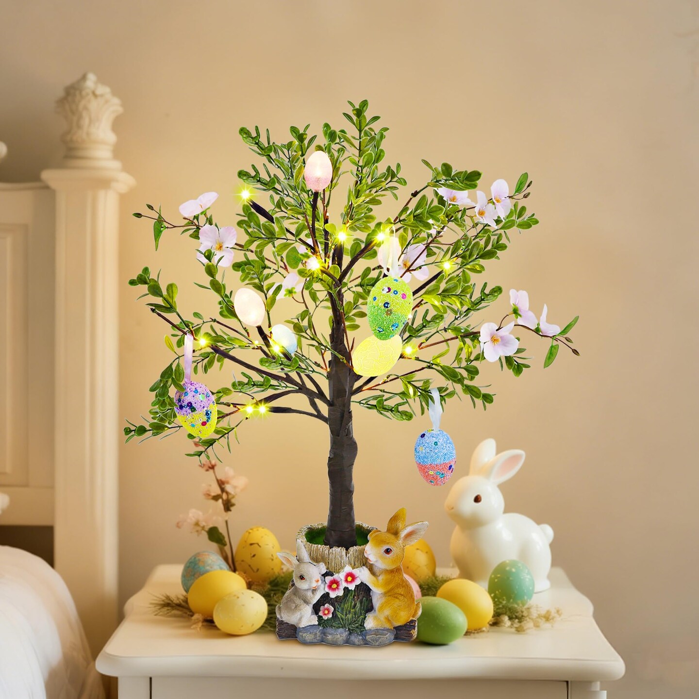 Lighted Easter Tree 23.5 Inch - Pre-Lit Easter Decorations for Table with Eggs & Bunny Pot, Spring Trees Centerpiece with Lights for Dining Room, Home, Mantel, Office Décor