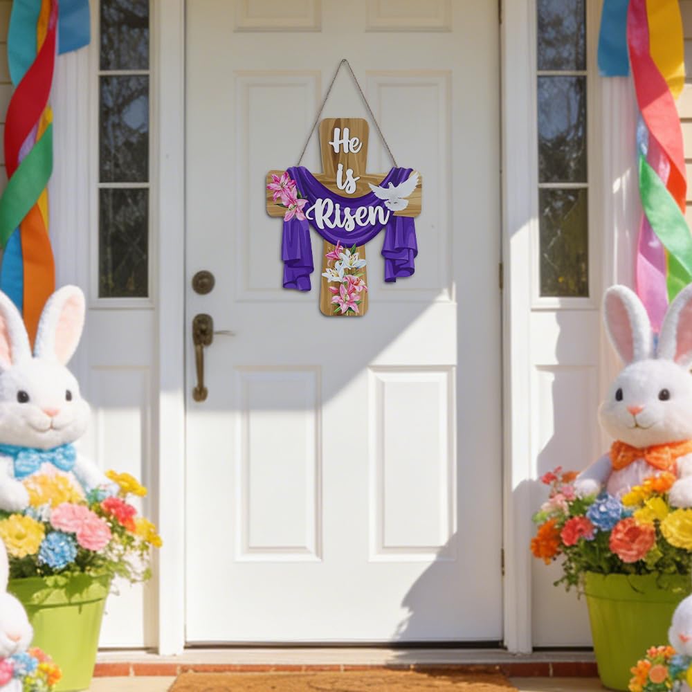 He is Risen Easter Decorations, Wood Cross Wall Signs, Wooden Wreaths for Front Door, Christian Jesus Lily Flowers Dove Hanging Crafts for Spring Home Farmhouse Party Porch Mantel Window Decor