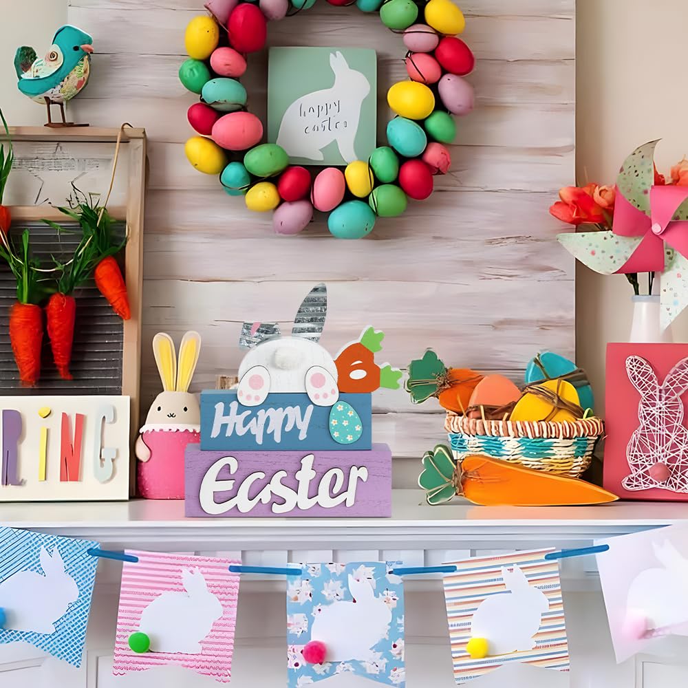 Easter Decorations, 3-Layered Easter Bunny with Carrots Farmhouse Wood Block Easter Decor, Happy Easter Sign Easter Egg Design Easter Decorations Indoor for Home, Living Room, Tables, Mantel