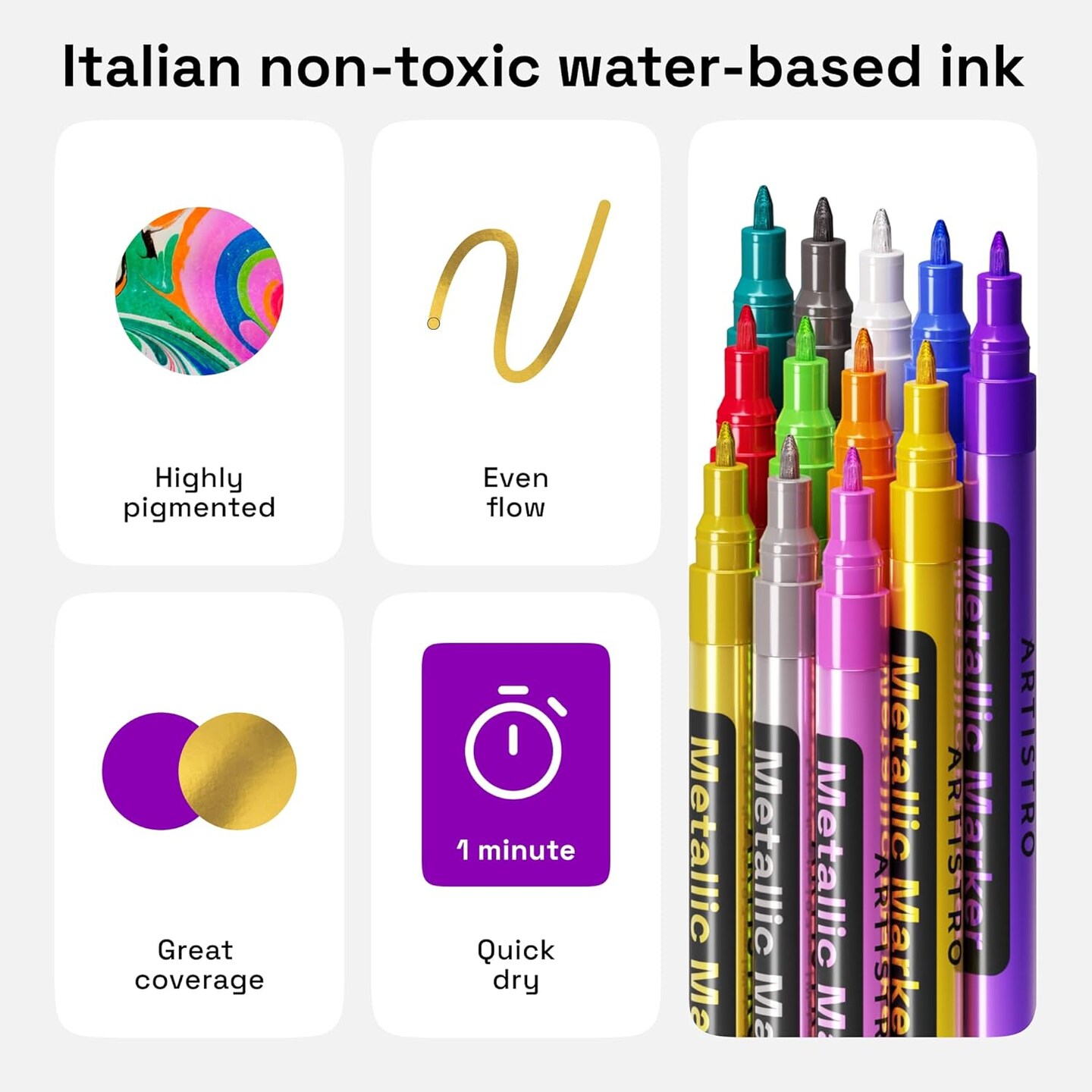 12 Metallic Paint Pens – Extra-Fine 0.7mm Tip, Acrylic Markers for Glass, Rock, Ceramic, Wood, Fabric, Scrapbooking & DIY Crafts