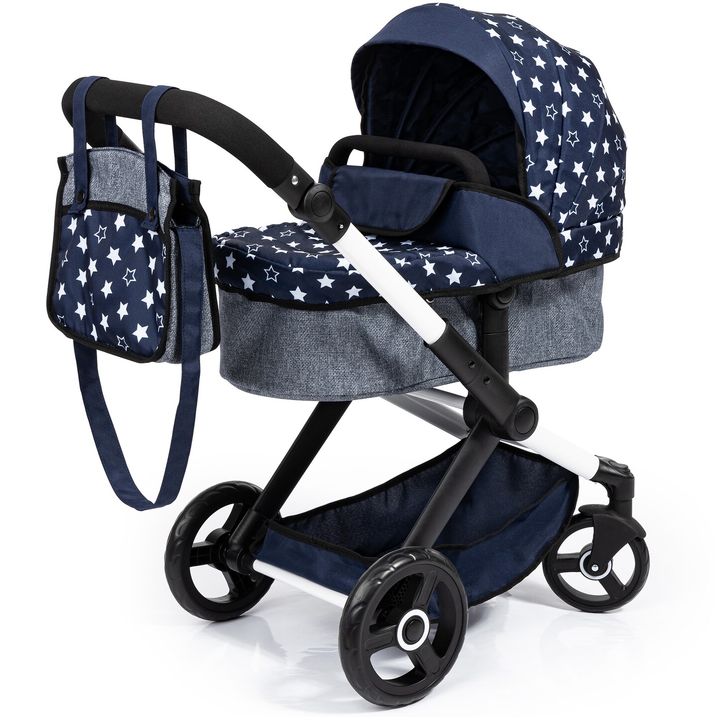Bayer: Pram Xeo - Blue & White Stars - Dolls Up to 18", Shoulder Bag, Convertible to Pushchair, Adjustable Handle, Foldable, Kids Ages 3+