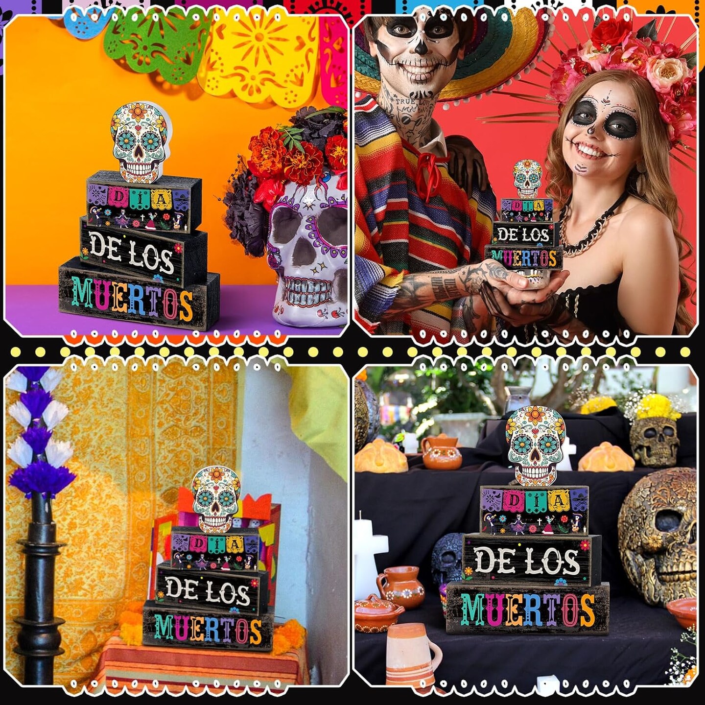 4 Pcs Day of The Dead Table Decorations Day of The Dead Centerpiece for Table Dia De Los Muertos Tiered Tray Decor Wood Sugar Skull Multicolor