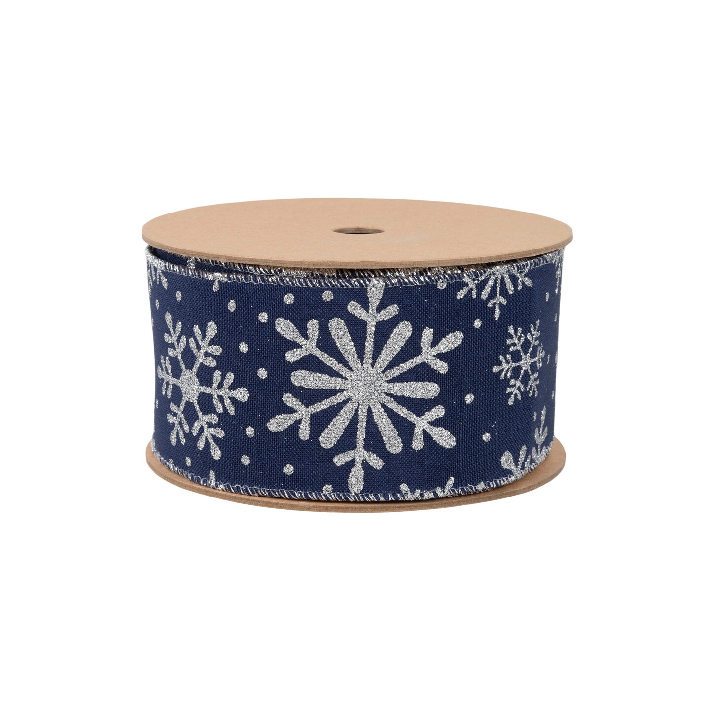 LaRibbons 2 1/2" Faux Linen Wired Ribbon | Blue w/ Giltter Silver Snowflake | 25 Yard Roll
