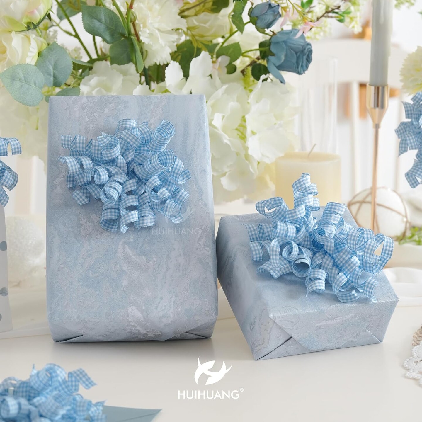 Blue Bows for Gift Wrapping Dusty Blue Plaid Ribbon Bow Self Adhesive Curly Gift Bows for Presents, Treat Bags, Bridal Shower Favors, Wrapping Accessories -5 inch x 8 Counts