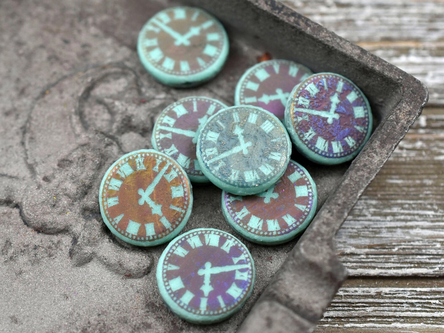 *8* 14mm Laser Etched Opaque Turquoise Sliperit Clock Coin Beads