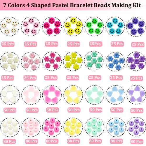 1260 Pieces Acrylic Pastel Beads, Candy Color Flower Beads Happy Face Beads Heart Beads Round Shaped Beads Colorful Assorted Cute Beads Kawaii Beads Bulk for Bracelets Jewelry Making Phone Charm Bead