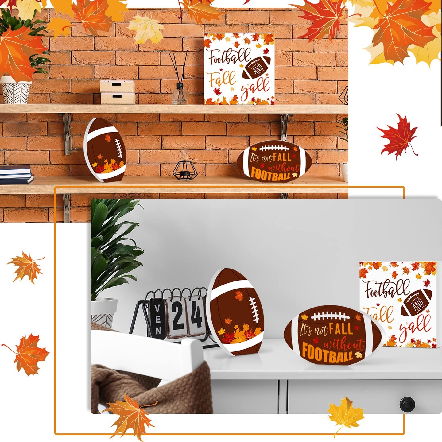 3 Pieces Fall Decor Football Decor Thanksgiving Fall Tiered Tray Decor Orange Maple Wooden Table Centerpieces Farmhouse Rustic Decor Decorative Table Decorations for Autumn Harvest Table Shelf (Classic)