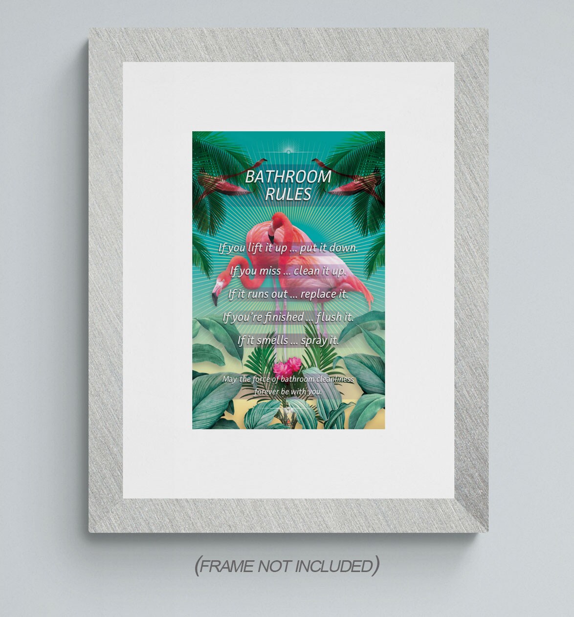 Bathroom Rules Poster Pink Flamingos Wall Decor Art Print, 11&#x22;x17&#x22;, Unframed