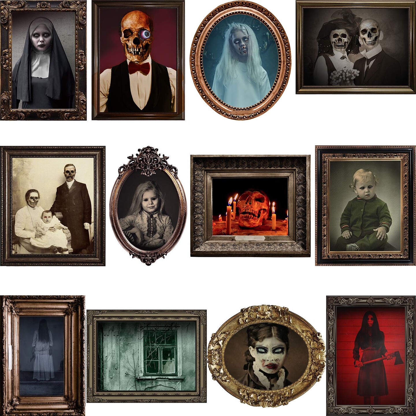 12 Pieces Laminated Halloween Gothic Decor Poster Frames Durable Haunted House Creepy Portraits Pictures Spooky Home Decor