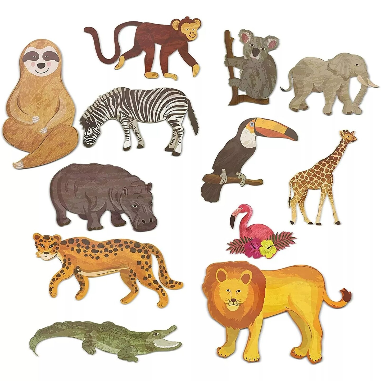 12x Jungle Animal Safari Paper Cutouts for Crafts, Home Party School Decoration