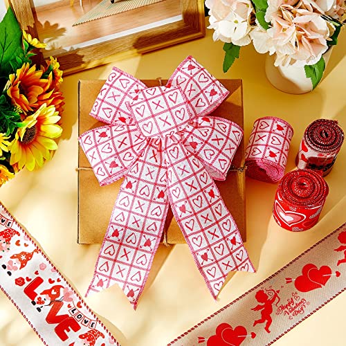 30 Yards Love Heart Ribbons Heart Pattern Wired Edge Ribbon Happy Valentine&#x27;s Day Ribbons for Gift Wrap DIY Crafts Wedding Birthday Valentine&#x27;s Day Party Decoration, 6 Rolls 2.5 Inch