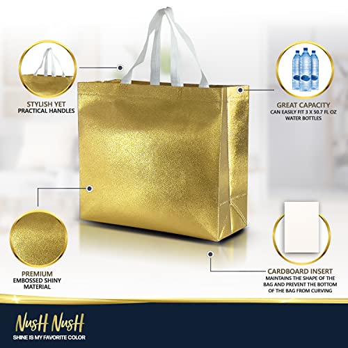15 Pieces Gold Gift Bags Large Size – Reusable Gold Gift Bags With White Handles - Perfect As Christmas Gift Bags, Goodie Bags, Birthday Gift Bags, Party Favor Bags –13Wx5Dx11H