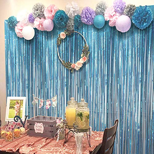 2 Pack 3.2 ft x 8.2 ft Teal Tinsel Foil Fringe Curtains Backdrop, Sparkle Metallic Foil Curtains for Birthday Party Decoration